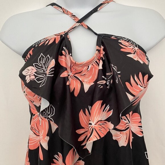2 Piece Black Ruffle Layered  Floral Bathing Suit - Picture 2 of 12